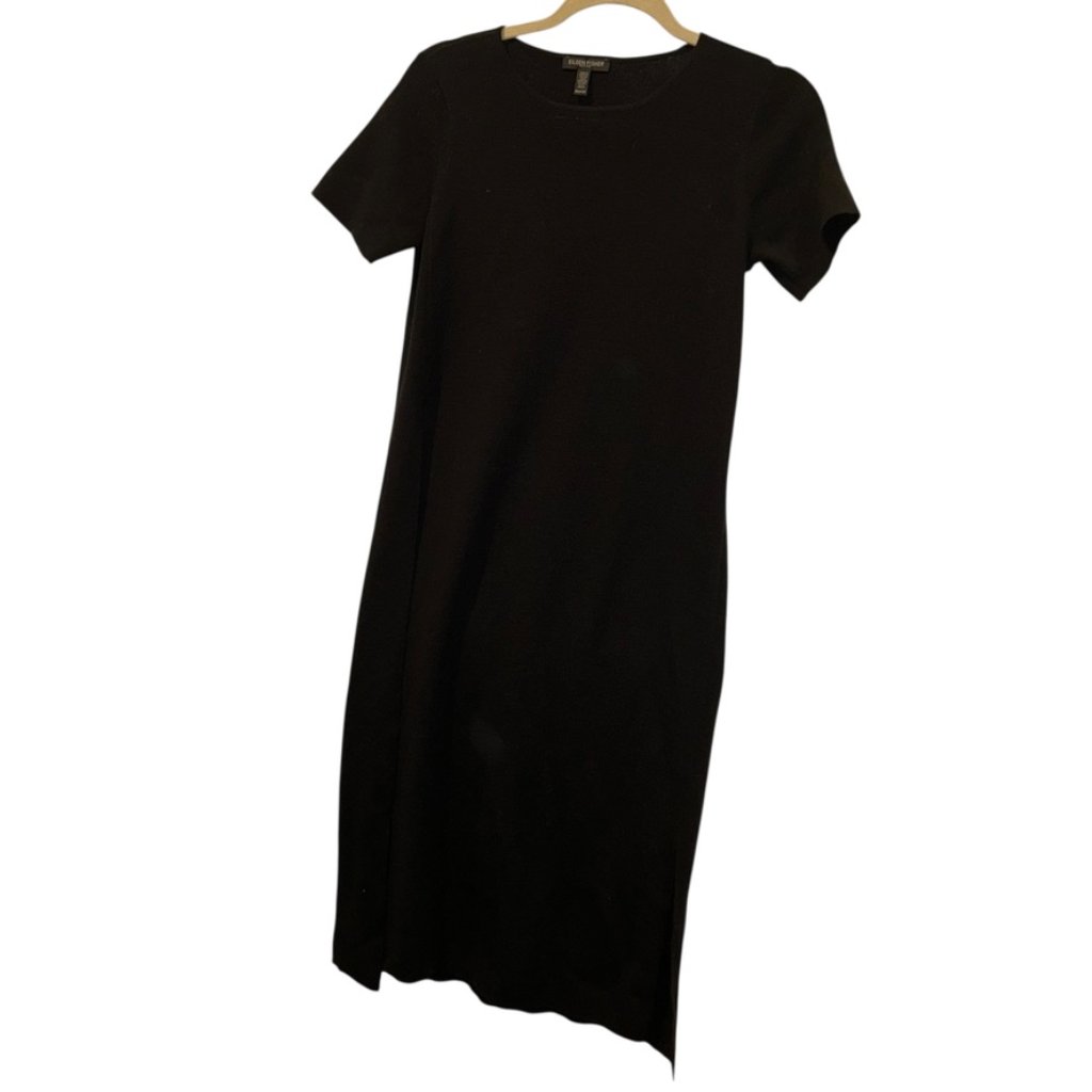 Eileen Fisher Black Santina Knit Asymetrical Kick Pleat Sweater Dress Pp